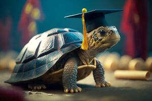 tortuga vistiendo graduación gorra en parte superior de es cabeza en mesa. generativo ai foto