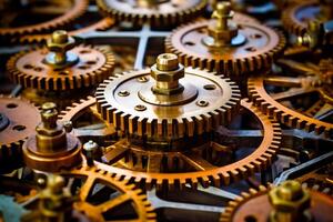Close up of clock with many gears on it's face. photo