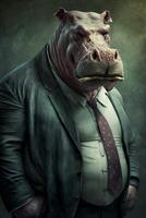 Man in suit and tie with hippopotamus in his mouth. photo