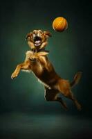 Dog jumping in the air with ball in it's mouth. Generative AI photo