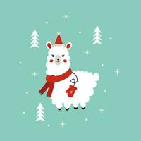 Christmas illustration of an alpaca in a scarf with mittens. Vector illustration for postcard, t-shirt, design