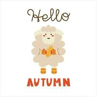 Autumn Lamb Character in Mittens and Woolen Socks. Cartoon vector illustration with Lettering for cards, banners and print