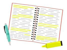 Open school abstract with highlighted lines. Vector illustration of notepad with pen and highlighter in flat style