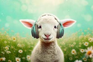 Sheep with headphones on in field of grass and daisies. Generative AI photo