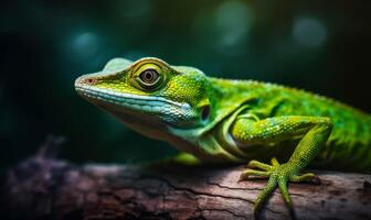 Close up of green lizard on tree branch with blurry background. Generative AI photo