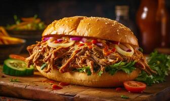 Pulled pork sandwich on wooden cutting board with tomato and lettuce. Generative AI photo