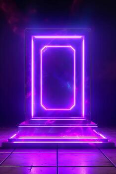 Purple neon frame on black background with square in the center. photo