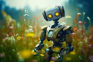 Robot standing in field of wildflowers with glowing yellow eyes. Generative AI photo