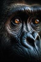 Close up of monkey's face with very intense look. Generative AI photo