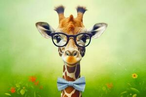 Image of giraffe wearing glasses and blue bow tie. Generative AI photo