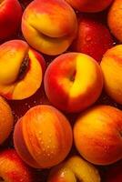 Group of peaches sitting next to each other on top of table. Generative AI photo