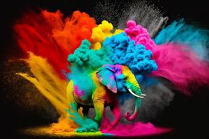 Colorful elephant standing in front of black background with colored smoke coming out of it. photo