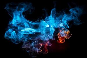 Blue and red smoke on black background with red light behind it. Generative AI photo