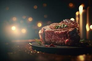 Steak on plate with candles in the background. Generative AI photo