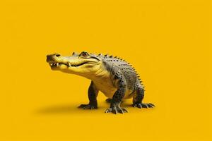 Large alligator standing on top of yellow floor next to yellow wall. photo