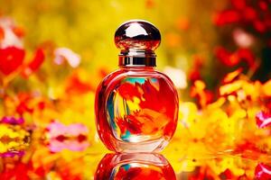 Bottle of perfume sitting on top of table next to field of flowers. photo