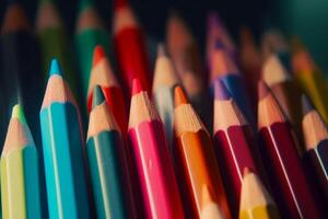 Group of colored pencils sitting next to each other on table. Generative AI photo