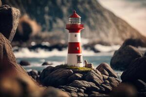 Red and white lighthouse sitting on top of rock next to body of water. Generative AI photo