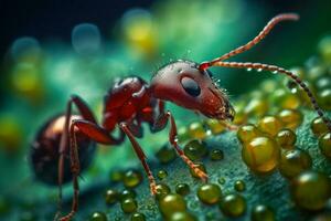 Close up of red ant bug on green plant with drops of water. Generative AI photo