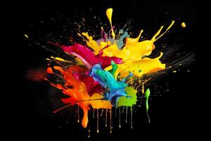 Group of colorful paint splashing on top of each other on black background. photo