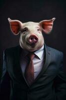 Pig in suit and tie with his head sticking out of his ears. Generative AI photo