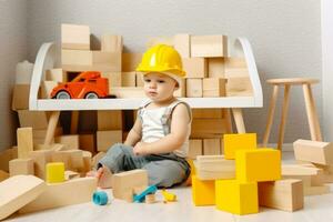 Small child sitting on the floor with blocks and hard hat on. Generative AI photo