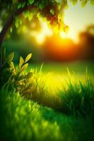 The sun shines brightly through the leaves of tree in the grass. Generative AI photo