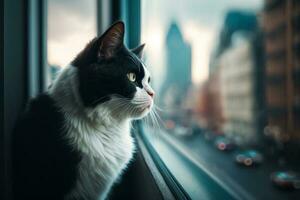 Black and white cat sitting on window sill looking out at the city. Generative AI photo