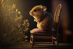 Small mouse sitting on chair in the dark. Generative AI photo