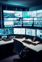 Desk with lot of monitors and phone on top of it. photo