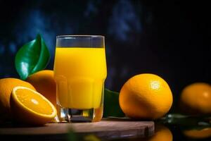 Glass of orange juice next to orange and some leaves on table. Generative AI photo