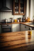 Jar of mustard sitting on top of wooden table in kitchen. Generative AI photo