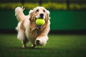 perro con tenis pelota en sus boca corriendo en el césped con es patas en el aire. generativo ai foto