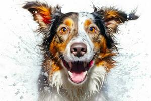 Close up of dog's face with water splashing around it. Generative AI photo