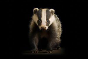 Badger standing on its hind legs on black background with black background. photo
