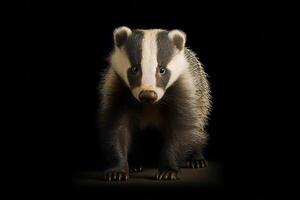 Badger standing on its hind legs on black background with black background. Generative AI photo