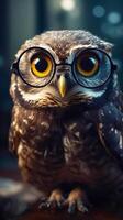 Close up of owl wearing pair of eyeglasses with blurry background. photo