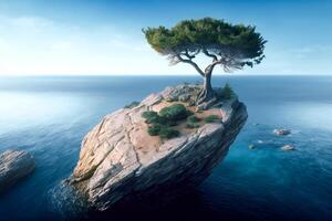 Lone tree on top of rock in the ocean. Generative AI photo