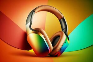 Pair of headphones on colorful background. Generative AI photo