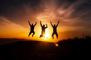 Three people jumping in the air with their arms in the air at sunset. Generative AI photo