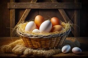 Basket of eggs sitting on top of table next to some eggs. photo