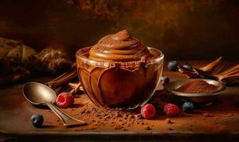 Bowl of chocolate pudding with raspberries and spoon next to it. Generative AI photo