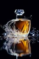 Bottle of perfume with water splashing around it on black background. Generative AI photo