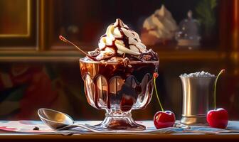 Chocolate ice cream sundae with cherry on table next to cup of coffee. Generative AI photo