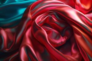 Close up view of red and blue fabric with large amount of folds. photo