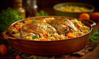 Close up of bowl of food with chicken and rice on table. photo