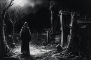 Black and white drawing of man standing in the dark with creepy background. photo