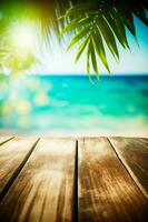 Wooden table with view of the ocean and palm tree in the foreground. Generative AI photo