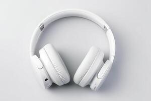 par de blanco auriculares sentado en parte superior de blanco mostrador cima. generativo ai foto