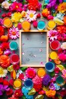 Wooden frame surrounded by colorful flowers and glasses of juice on table. Generative AI photo